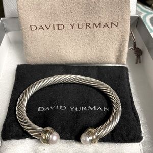 David Yurman classic 7mm tip cable silver bracelet w 14k gold & pearls